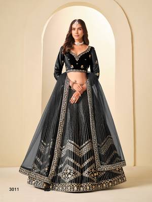 Black Velvet Embroidered Semi Stitched Lehenga Choli Size Up To 42 2