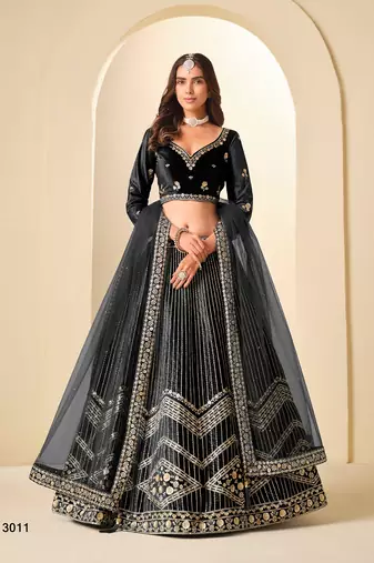 Black Velvet Embroidered Semi Stitched Lehenga Choli Size Up To 42