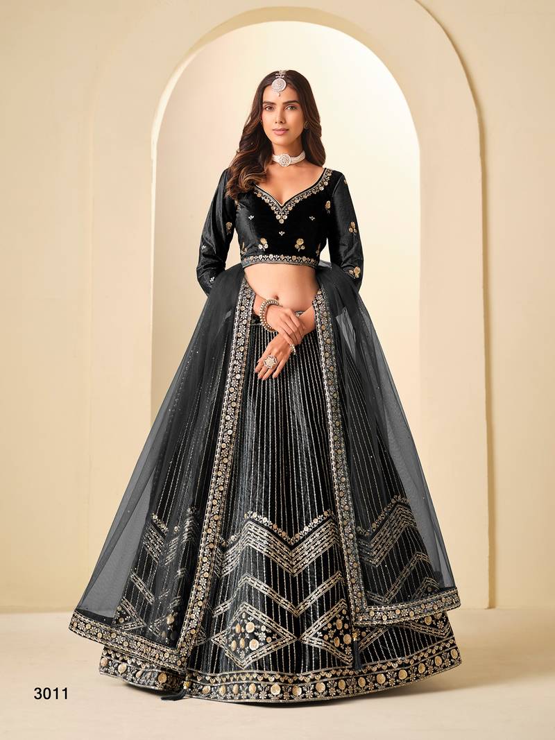 Black Velvet Embroidered Semi Stitched Lehenga Choli Size Up To 42