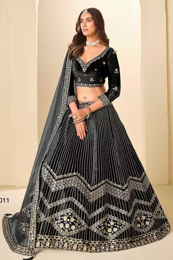 Black Velvet Embroidered Semi Stitched Lehenga Choli Size Up To 42
