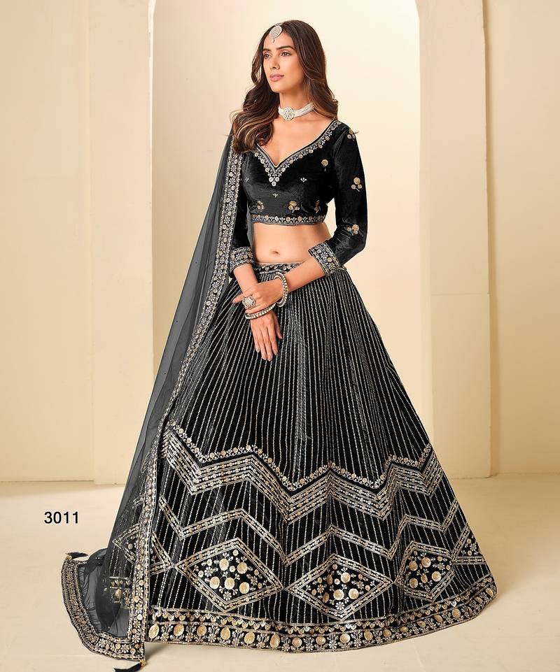 Black Velvet Embroidered Semi Stitched Lehenga Choli Size Up To 42