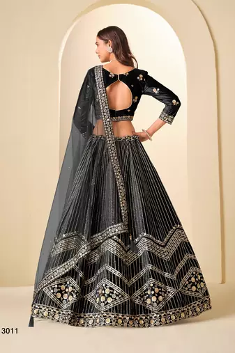 Black Velvet Embroidered Semi Stitched Lehenga Choli Size Up To 42