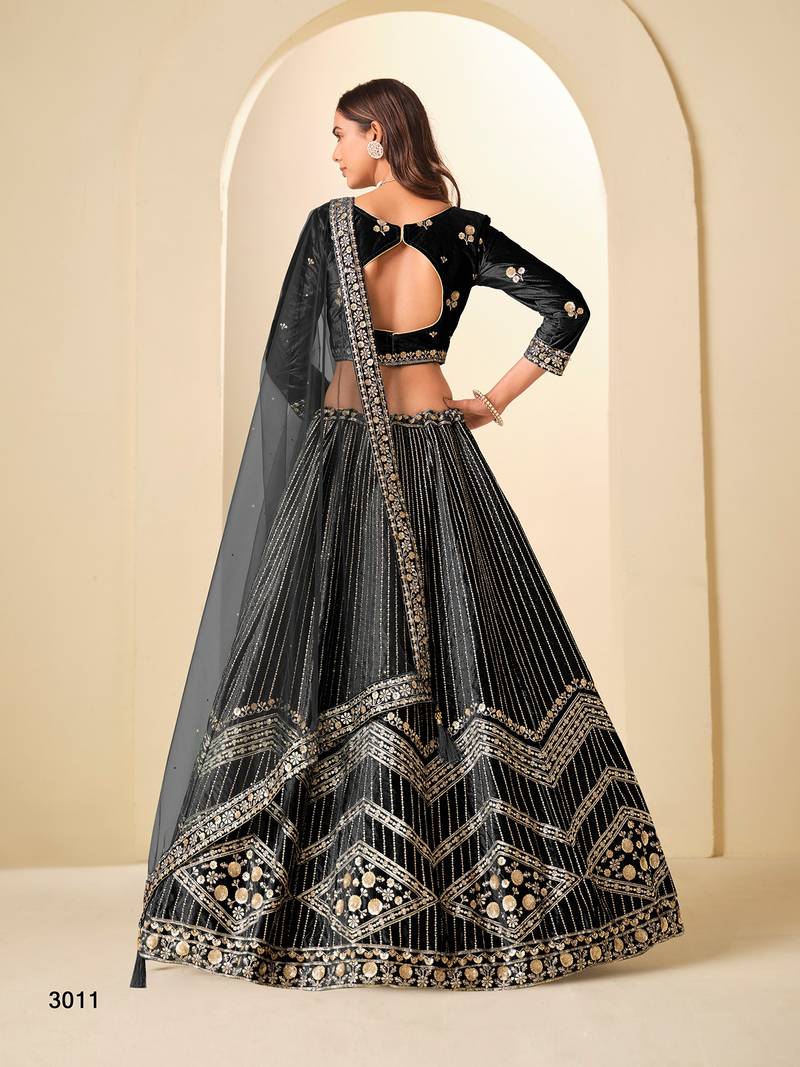 Black Velvet Embroidered Semi Stitched Lehenga Choli Size Up To 42
