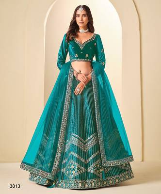 Blue Velvet Embroidered Semi Stitched Lehenga Choli Size Up To 42 2