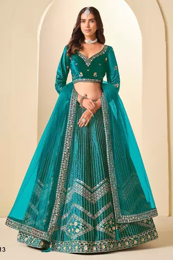 Blue Velvet Embroidered Semi Stitched Lehenga Choli Size Up To 42