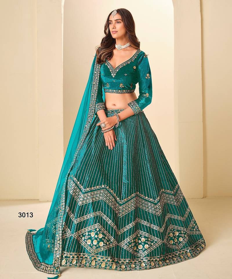 Blue Velvet Embroidered Semi Stitched Lehenga Choli Size Up To 42