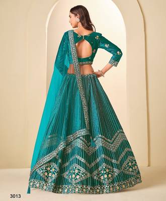 Blue Velvet Embroidered Semi Stitched Lehenga Choli Size Up To 42 4