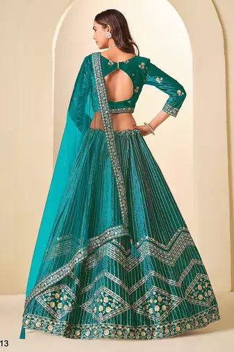 Blue Velvet Embroidered Semi Stitched Lehenga Choli Size Up To 42