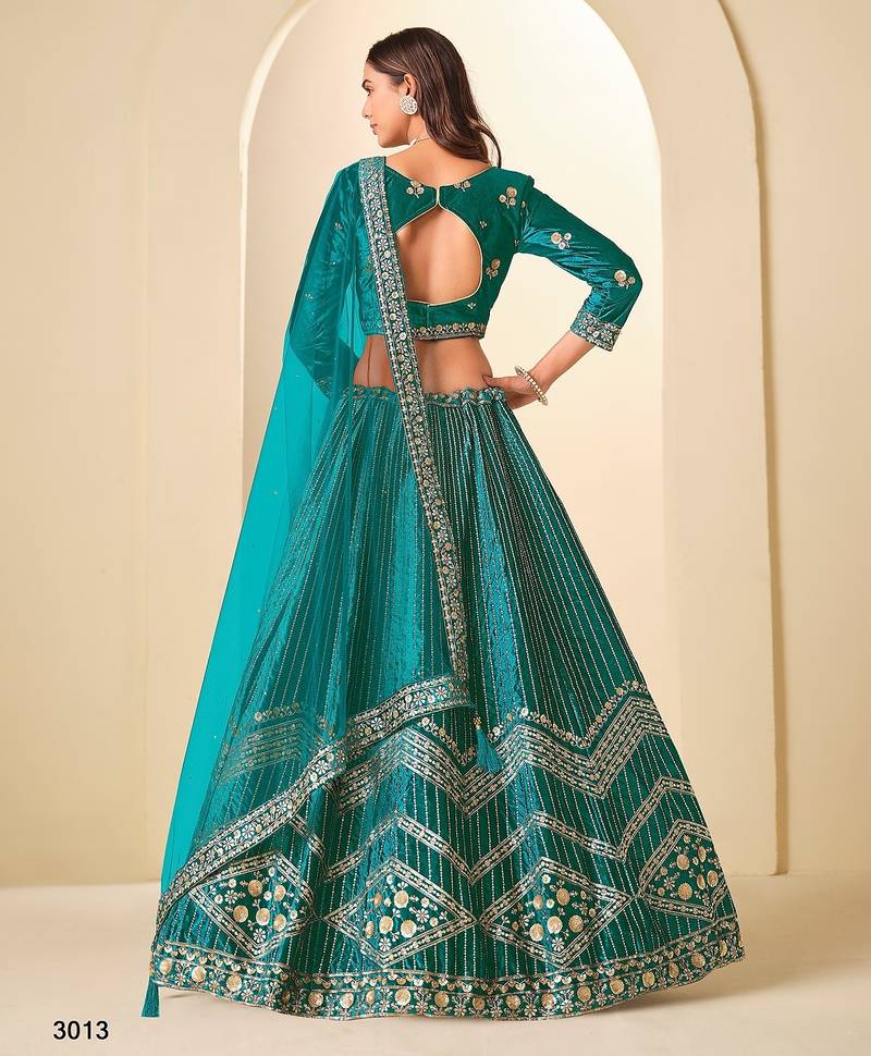 Blue Velvet Embroidered Semi Stitched Lehenga Choli Size Up To 42