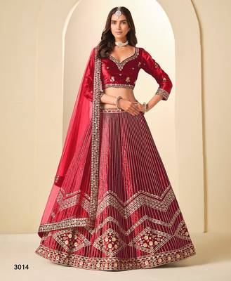 Red Velvet Embroidered Semi Stitched Lehenga Choli Size Up To 42 1