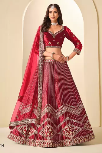 Red Velvet Embroidered Semi Stitched Lehenga Choli Size Up To 42