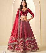 Red Velvet Embroidered Semi Stitched Lehenga Choli Size Up To 42