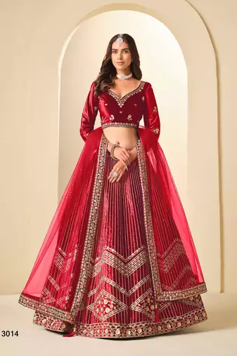 Red Velvet Embroidered Semi Stitched Lehenga Choli Size Up To 42