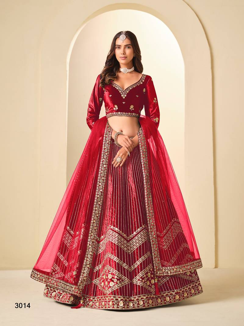 Red Velvet Embroidered Semi Stitched Lehenga Choli Size Up To 42