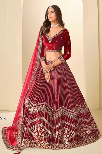 Red Velvet Embroidered Semi Stitched Lehenga Choli Size Up To 42