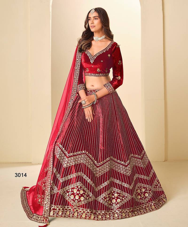Red Velvet Embroidered Semi Stitched Lehenga Choli Size Up To 42