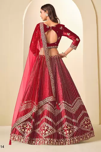 Red Velvet Embroidered Semi Stitched Lehenga Choli Size Up To 42