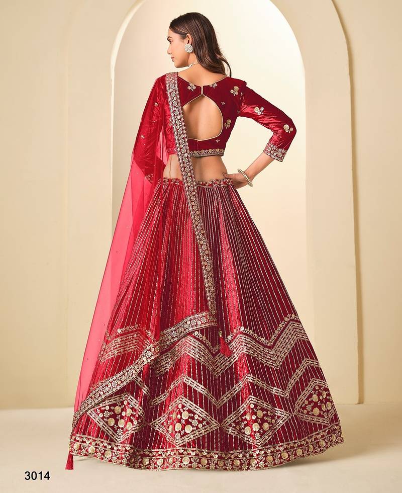 Red Velvet Embroidered Semi Stitched Lehenga Choli Size Up To 42