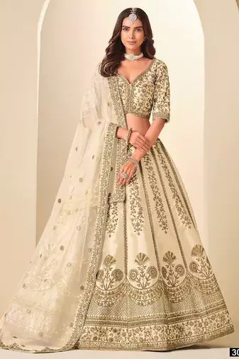Cream Art Silk Embroidered Semi Stitched Lehenga Choli Size Up To 42