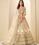 Cream Art Silk Embroidered Semi Stitched Lehenga Choli Size Up To 42