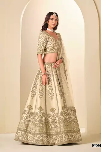 Cream Art Silk Embroidered Semi Stitched Lehenga Choli Size Up To 42
