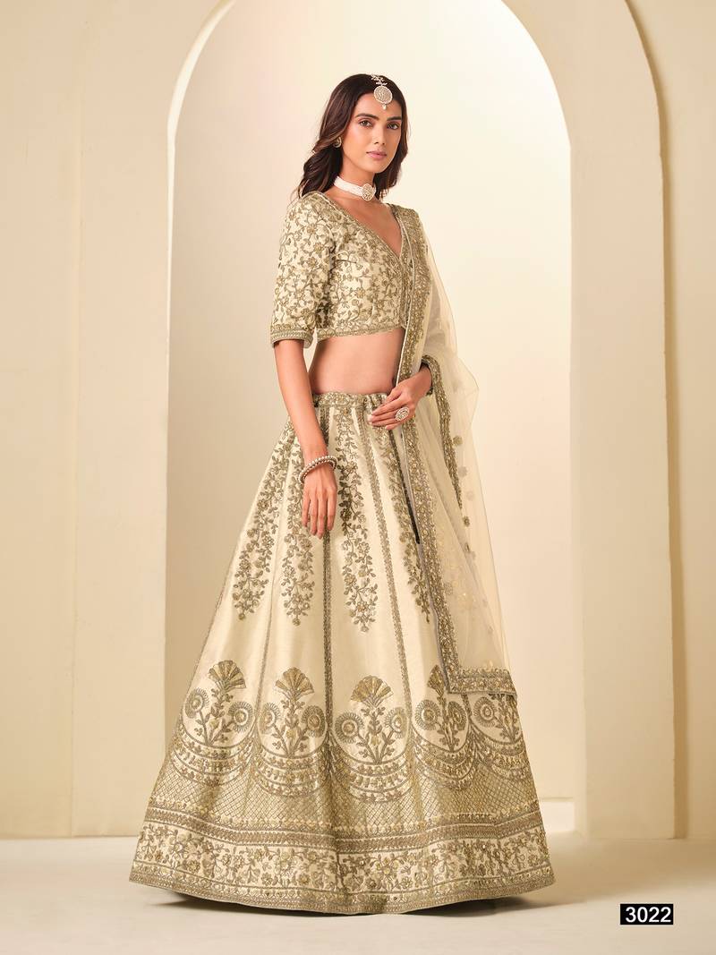 Cream Art Silk Embroidered Semi Stitched Lehenga Choli Size Up To 42