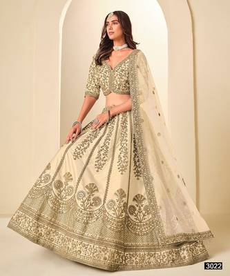 Cream Art Silk Embroidered Semi Stitched Lehenga Choli Size Up To 42 3