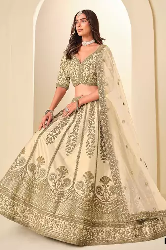 Cream Art Silk Embroidered Semi Stitched Lehenga Choli Size Up To 42