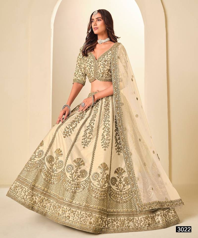 Cream Art Silk Embroidered Semi Stitched Lehenga Choli Size Up To 42