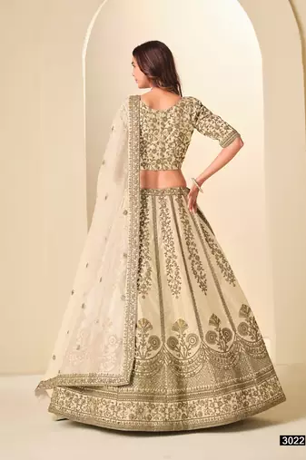 Cream Art Silk Embroidered Semi Stitched Lehenga Choli Size Up To 42