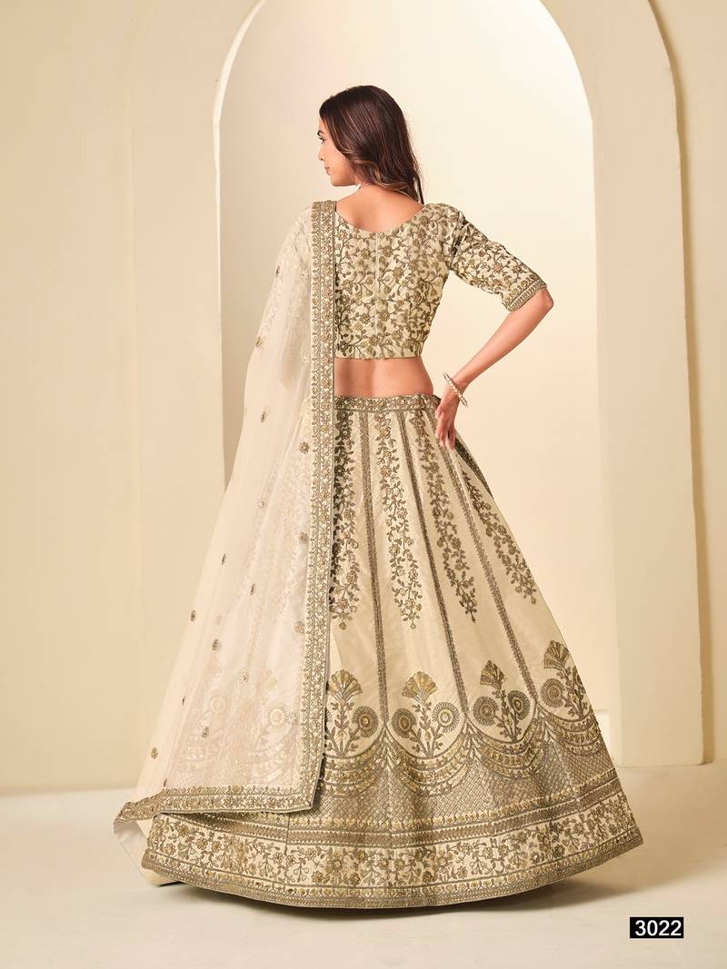 Cream Art Silk Embroidered Semi Stitched Lehenga Choli Size Up To 42