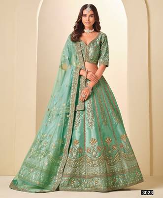Green Art Silk Embroidered Semi Stitched Lehenga Choli Size Up To 42 1