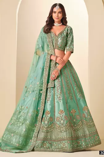 Green Art Silk Embroidered Semi Stitched Lehenga Choli Size Up To 42