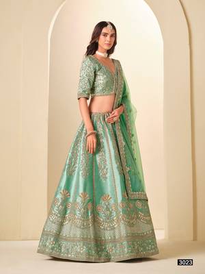 Green Art Silk Embroidered Semi Stitched Lehenga Choli Size Up To 42 2