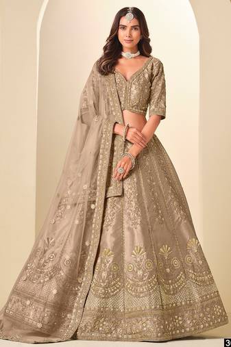 Beige Art Silk Embroidered Semi Stitched Lehenga Choli Size Up To 42