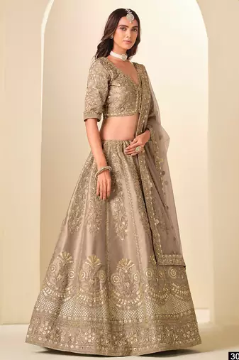 Beige Art Silk Embroidered Semi Stitched Lehenga Choli Size Up To 42