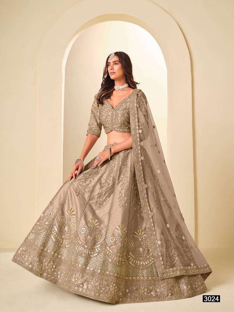 Beige Art Silk Embroidered Semi Stitched Lehenga Choli Size Up To 42