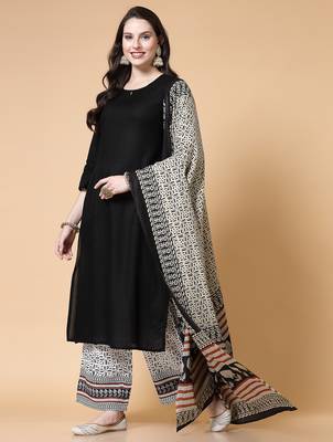 Women black solid print kurta palazzo with dupatta set stitched 1