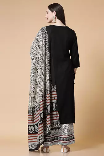 Women black solid print kurta palazzo with dupatta set stitched