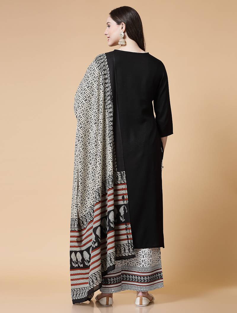 Women black solid print kurta palazzo with dupatta set stitched