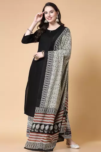 Women black solid print kurta palazzo with dupatta set stitched