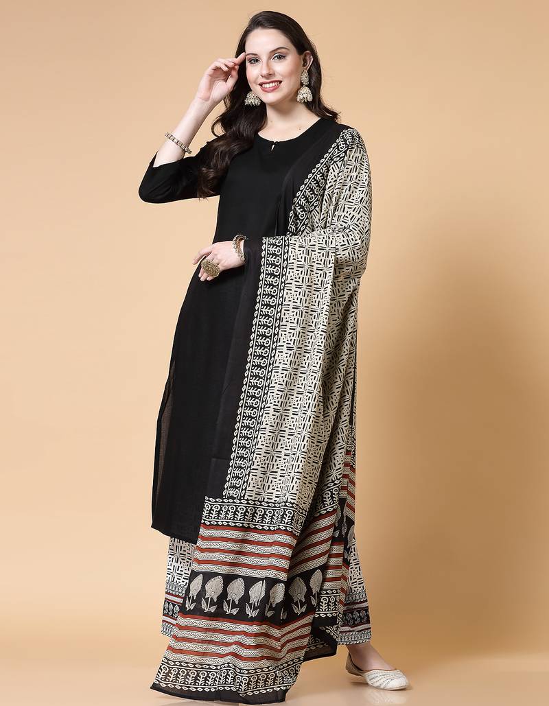Women black solid print kurta palazzo with dupatta set stitched