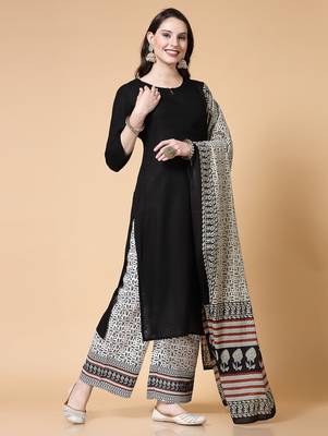 Women black solid print kurta palazzo with dupatta set stitched 4