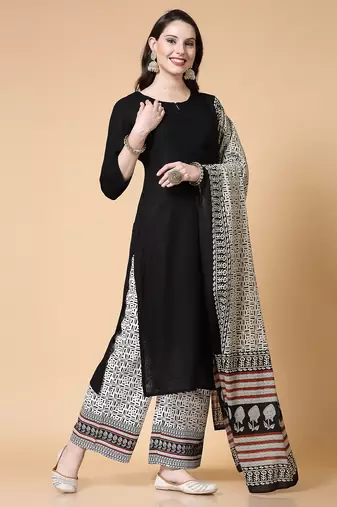 Women black solid print kurta palazzo with dupatta set stitched