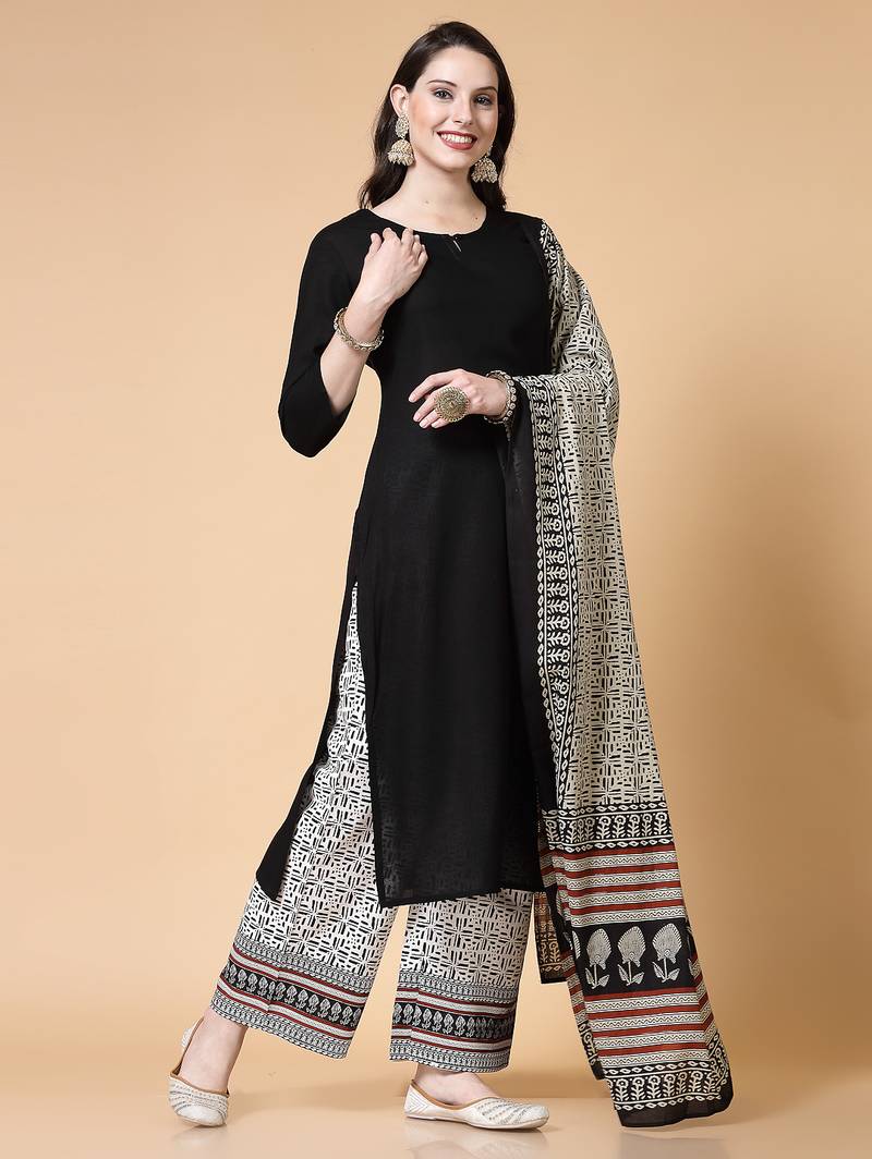 Women black solid print kurta palazzo with dupatta set stitched