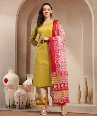 Women yellow solid print kurta palazzo with dupatta set stitched 1