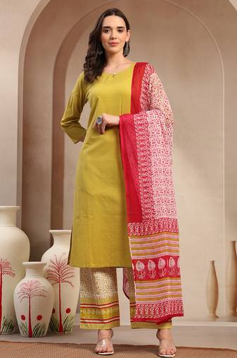 Women yellow solid print kurta palazzo with dupatta set stitched