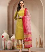 Women yellow solid print kurta palazzo with dupatta set stitched