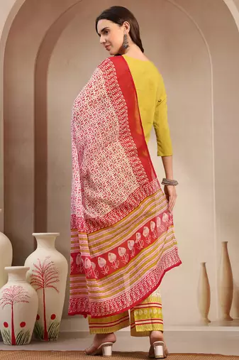 Women yellow solid print kurta palazzo with dupatta set stitched