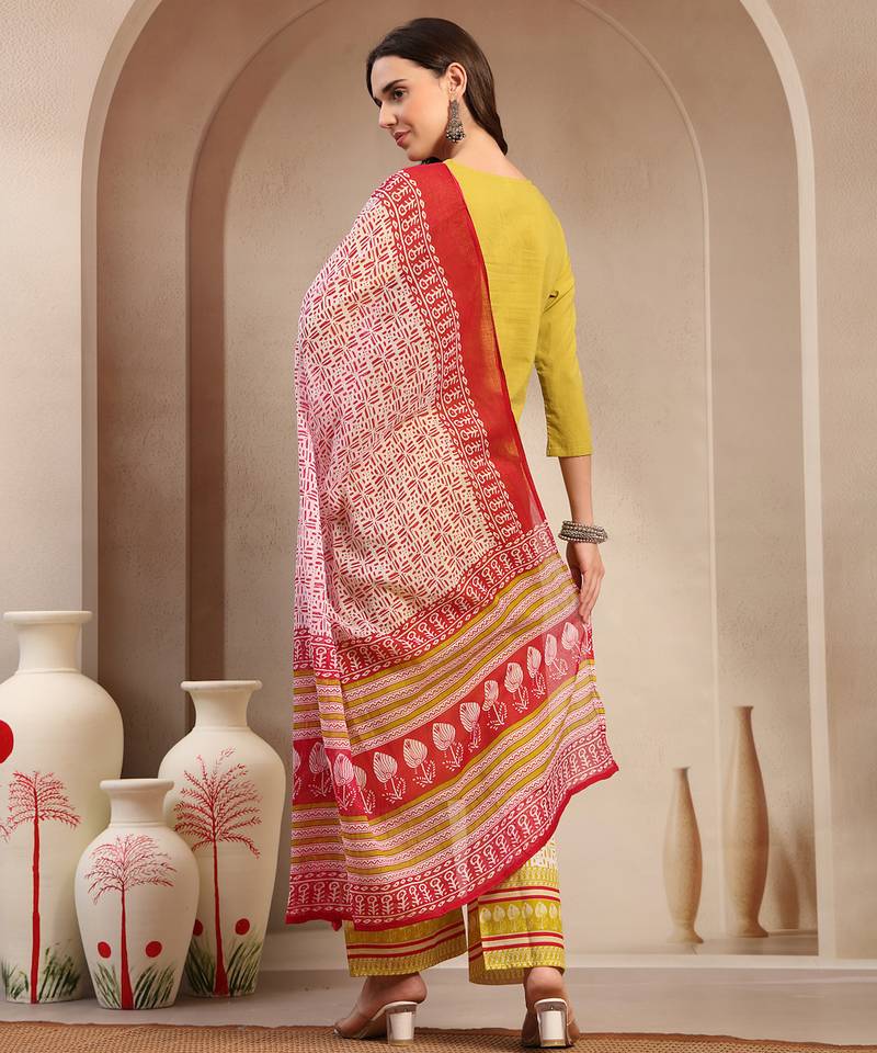Women yellow solid print kurta palazzo with dupatta set stitched